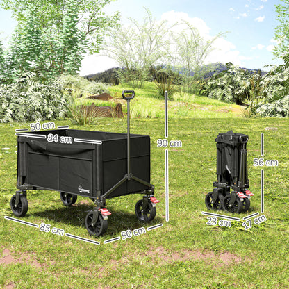 Folding Beach Transport Cart 155L, garden cart with open sides, adjustable handle and side pockets, max load 100 kg, for camping, shopping, gardening, outdoor, black