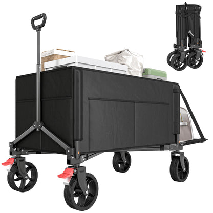 Folding Beach Transport Cart 155L, garden cart with open sides, adjustable handle and side pockets, max load 100 kg, for camping, shopping, gardening, outdoor, black