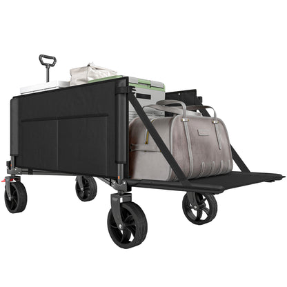 Folding Beach Transport Cart 155L, garden cart with open sides, adjustable handle and side pockets, max load 100 kg, for camping, shopping, gardening, outdoor, black