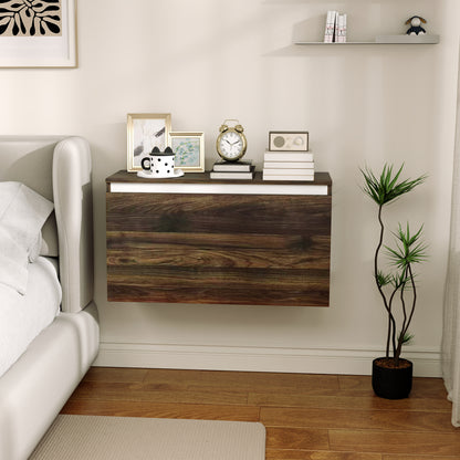 Wall-Mounted Bedside Table with Handleless Drawer, Modern Wood Bedroom Wall Table, 80x30x45 cm, Walnut