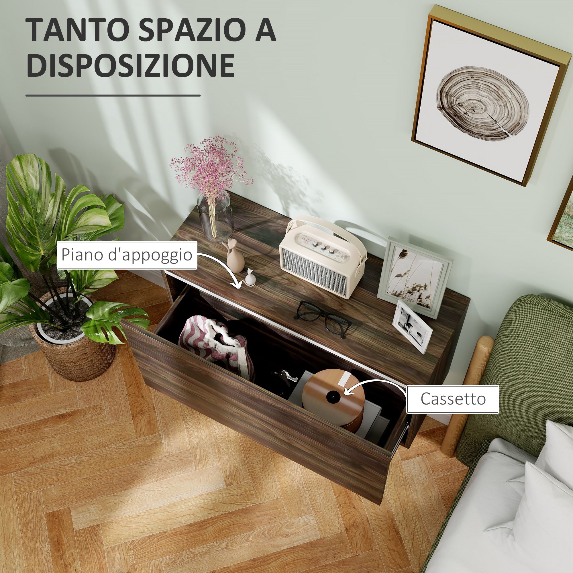 Wall-Mounted Bedside Table with Handleless Drawer, Modern Wood Bedroom Wall Table, 80x30x45 cm, Walnut