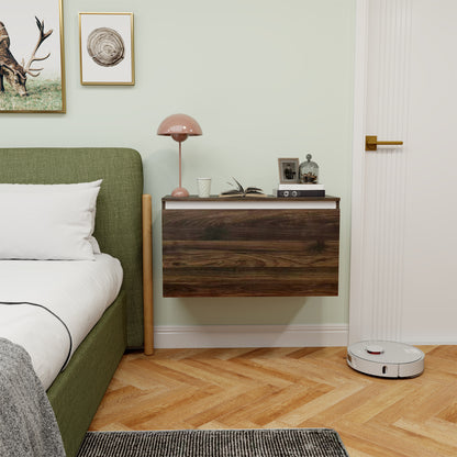 Wall-Mounted Bedside Table with Handleless Drawer, Modern Wood Bedroom Wall Table, 80x30x45 cm, Walnut