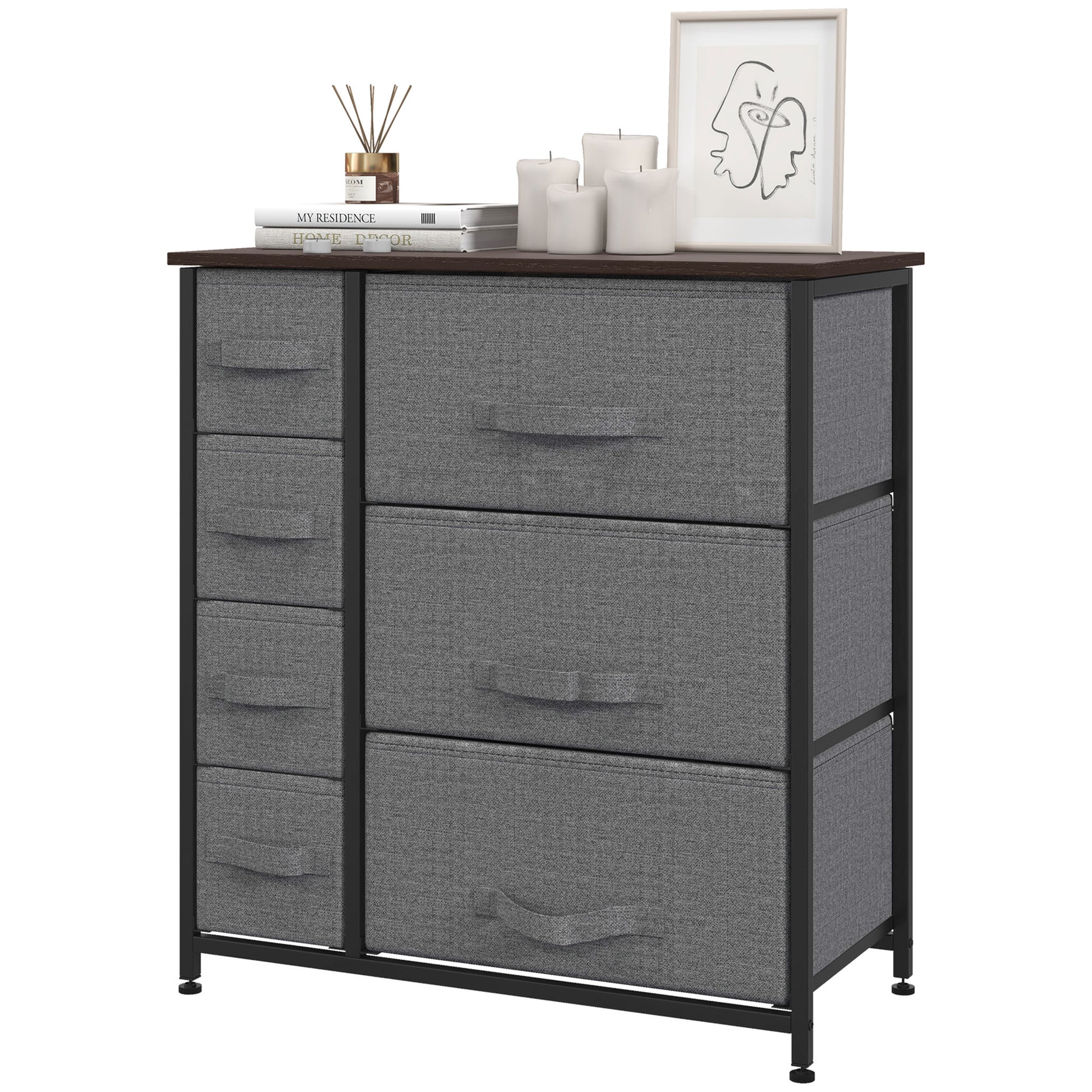Drawer Cabinet Storage Cabinet with Foldable 7 Fabric Drawers Metal Frame + Wood + Non-Woven Dark Grey 63.5 x 30 x 71 cm