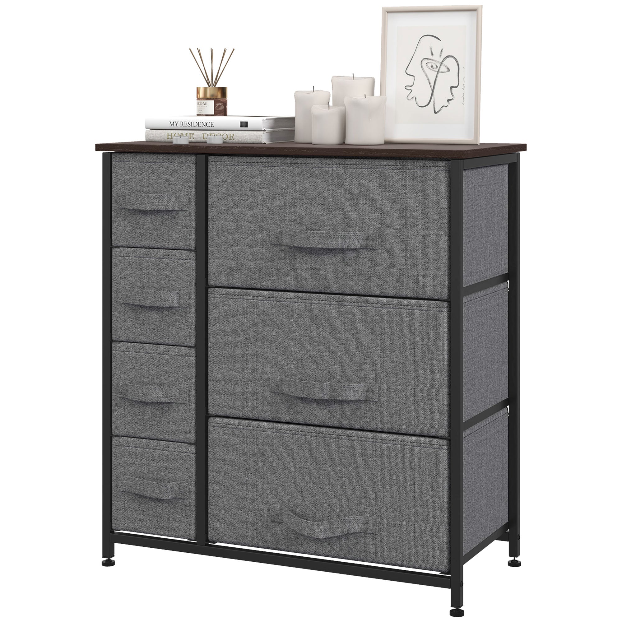 Drawer Cabinet Storage Cabinet with Foldable 7 Fabric Drawers Metal Frame + Wood + Non-Woven Dark Grey 63.5 x 30 x 71 cm
