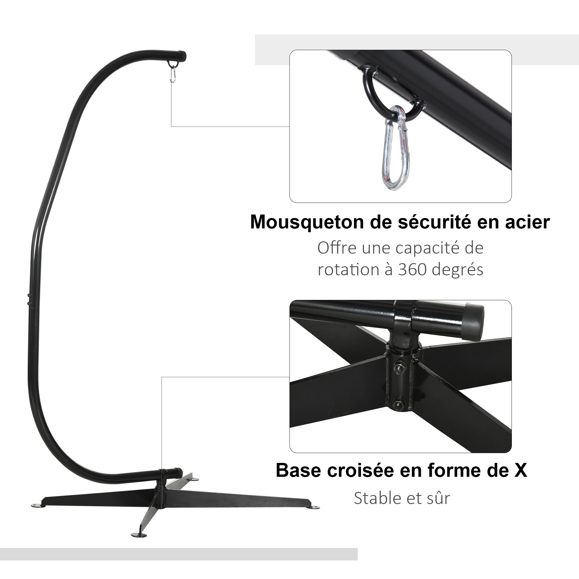 Hanging Chair Stand, Hanging Chair Support, X Base, C Frame, Spring Loop Included, Sturdy Metal Frame, max. load 120 kg, 114 x 80 x 208 cm, Black