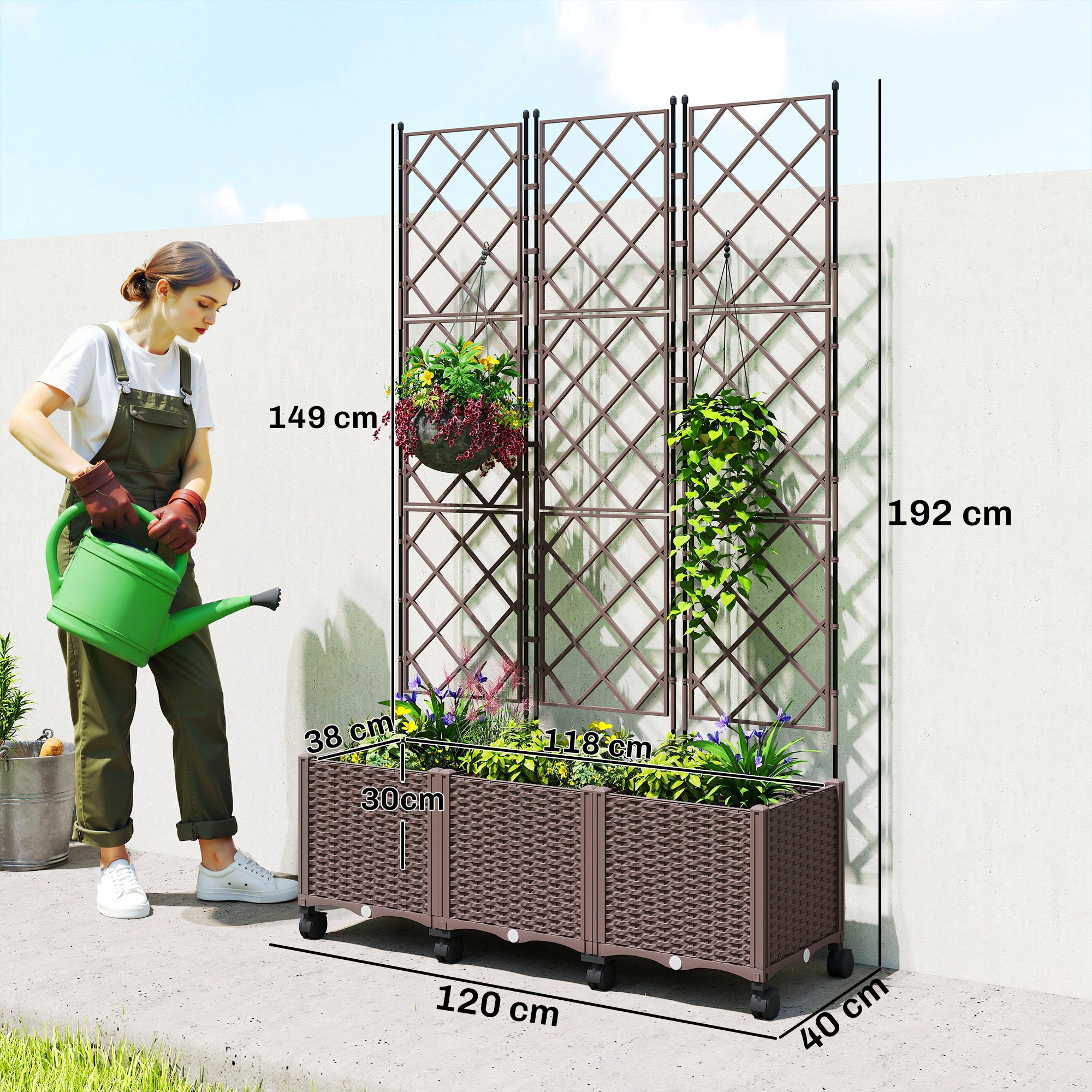 Raised Planter with Trellis, Large Outdoor Planter on Wheels for Climbing Plants, Drainage Holes & Plugs, Raised Garden Bed for Garden/Patio/Terrace, 120 x 40 x 192 cm, Brown