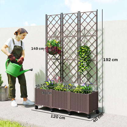 Raised Planter with Trellis, Large Outdoor Planter on Wheels for Climbing Plants, Drainage Holes & Plugs, Raised Garden Bed for Garden/Patio/Terrace, 120 x 40 x 192 cm, Brown
