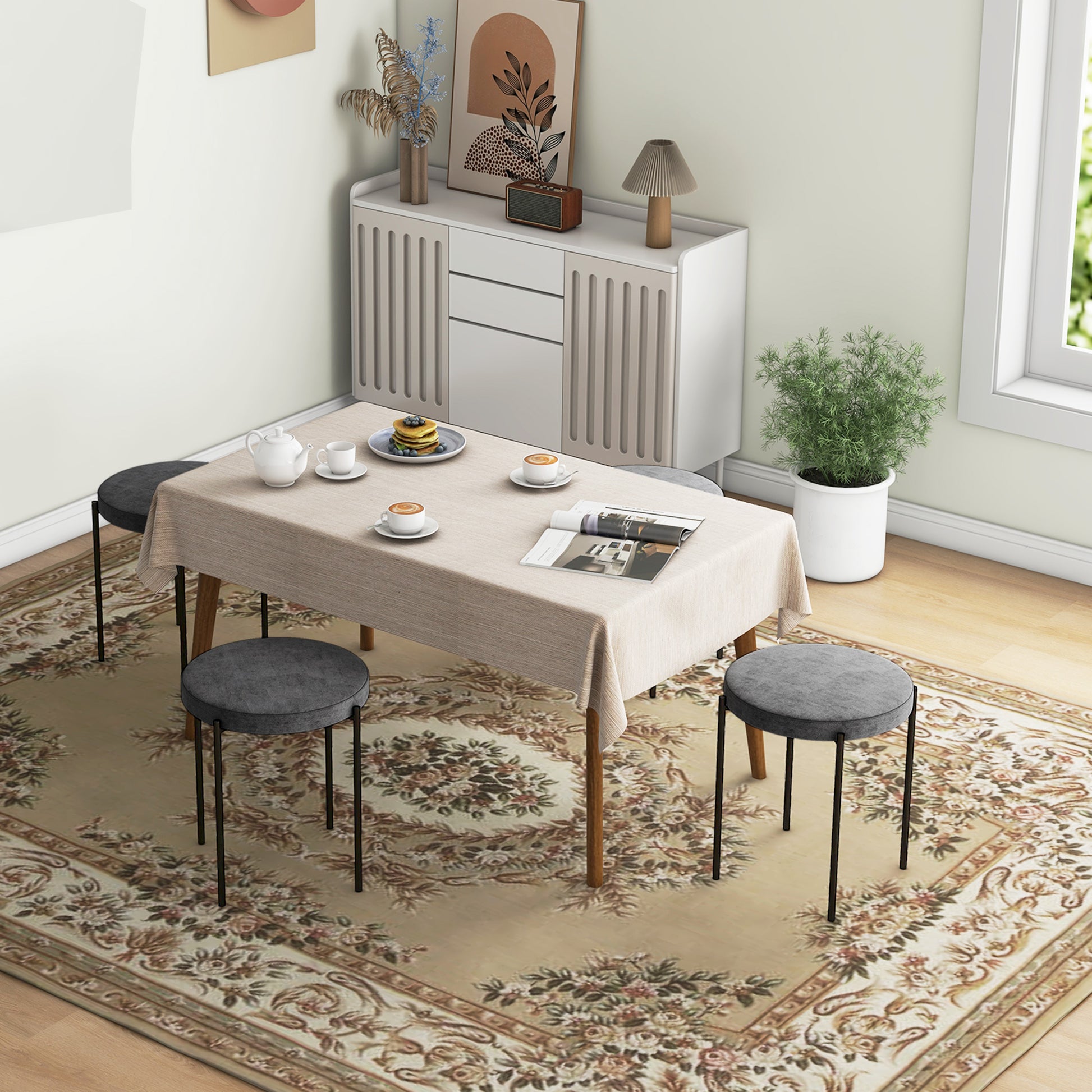 Set of 4 Stackable Dining Stools Dining Chairs Kitchen Chairs with Padded Seat, Velvet Look Seat Stool Velvet for Kitchen Dining Room Metal Dark Grey 41.5 x 41.5 x 46 cm