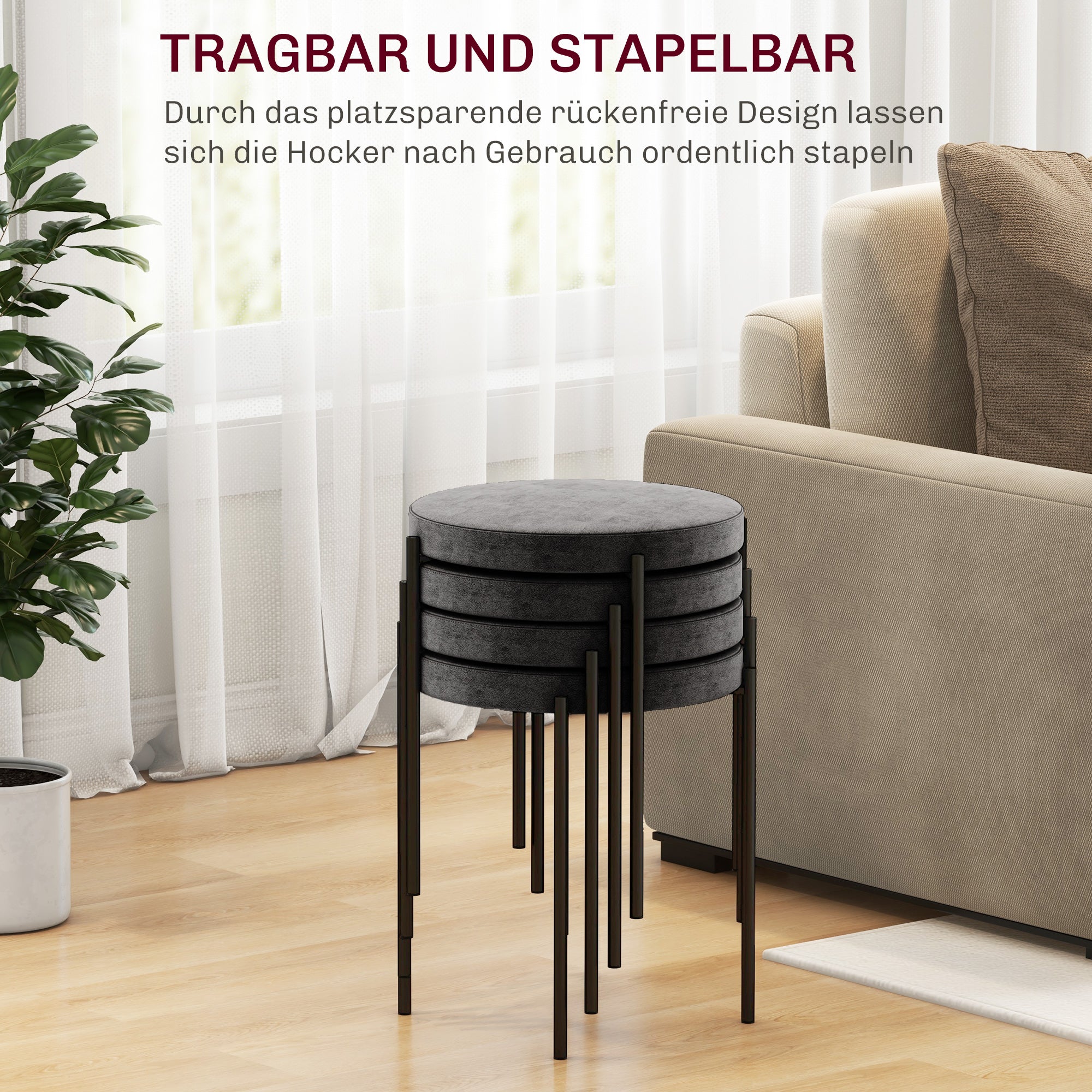 Set of 4 Stackable Dining Stools Dining Chairs Kitchen Chairs with Padded Seat, Velvet Look Seat Stool Velvet for Kitchen Dining Room Metal Dark Grey 41.5 x 41.5 x 46 cm