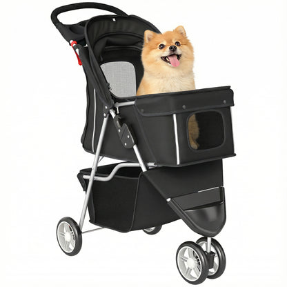 Foldable Pet Stroller — Collapsible Dog & Cat Buggy up to 22 lb with Storage Basket, Cushion, Mesh Windows, Cup Holder, 3 Wheels, Black
