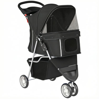 Foldable Pet Stroller — Collapsible Dog & Cat Buggy up to 22 lb with Storage Basket, Cushion, Mesh Windows, Cup Holder, 3 Wheels, Black