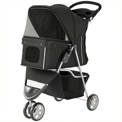 Foldable Pet Stroller — Collapsible Dog & Cat Buggy up to 22 lb with Storage Basket, Cushion, Mesh Windows, Cup Holder, 3 Wheels, Black