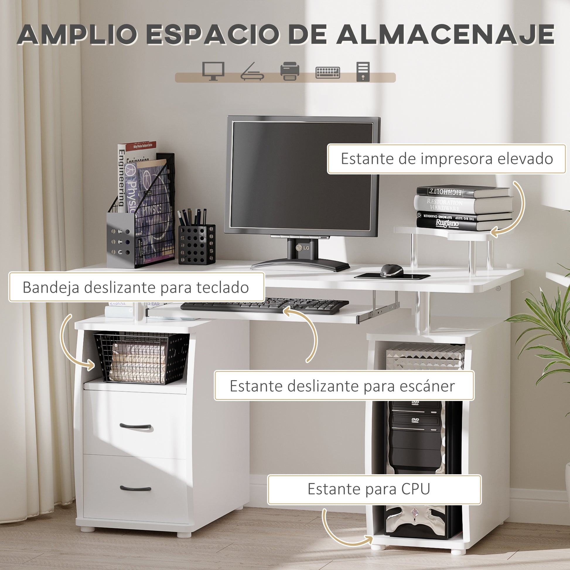 Desk with Shelves Computer Table with 2 Drawers Removable Keyboard Tray and Monitor Stand CPU for Office Study 120x55x85 cm White