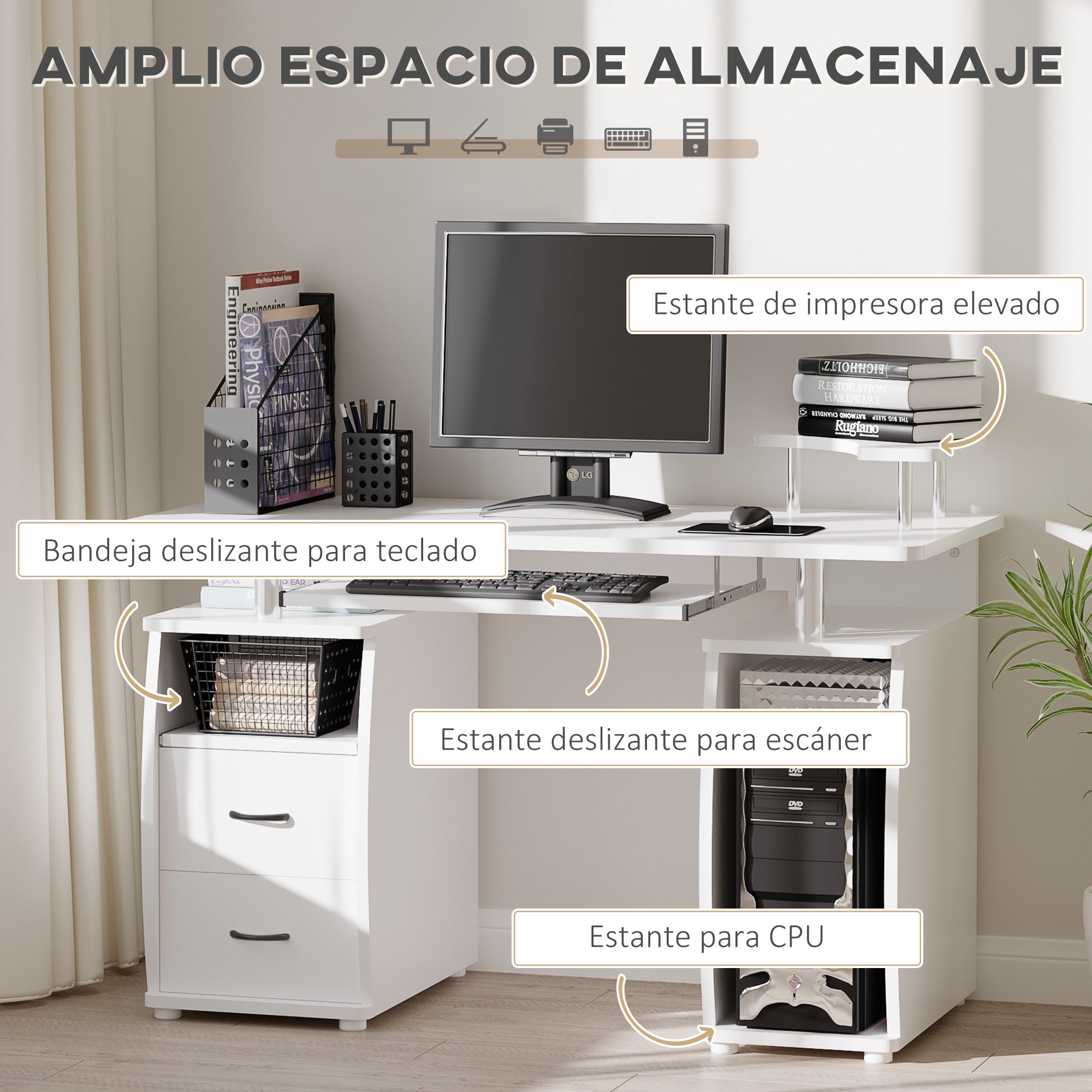 Desk with Shelves Computer Table with 2 Drawers Removable Keyboard Tray and Monitor Stand CPU for Office Study 120x55x85 cm White