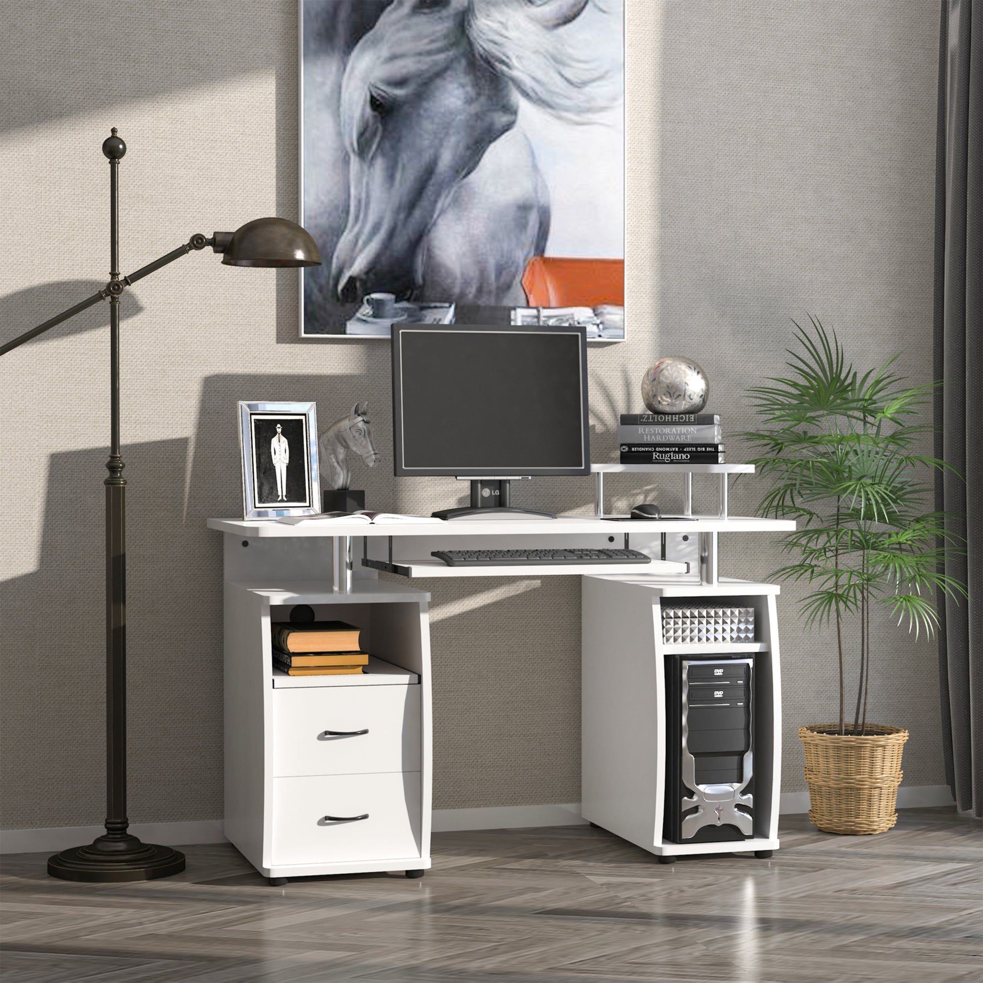 Desk with Shelves Computer Table with 2 Drawers Removable Keyboard Tray and Monitor Stand CPU for Office Study 120x55x85 cm White