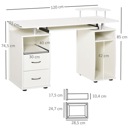 Desk with Shelves Computer Table with 2 Drawers Removable Keyboard Tray and Monitor Stand CPU for Office Study 120x55x85 cm White