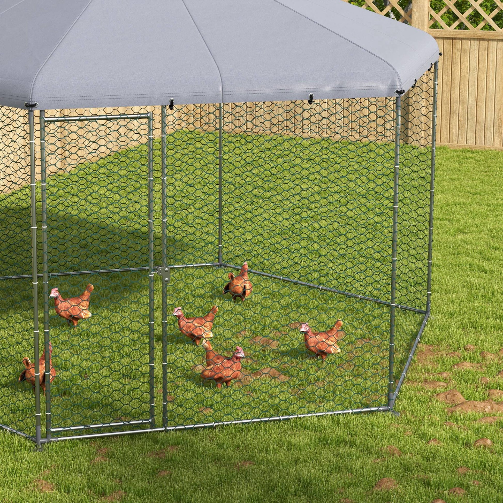 Free-Range Chicken Coop 400 x 346 x 263 cm made of Steel, Chicken Cage with Cover, Door, Chicken Enclosure for 10-15 Chickens, Small Animals & Plants Silver