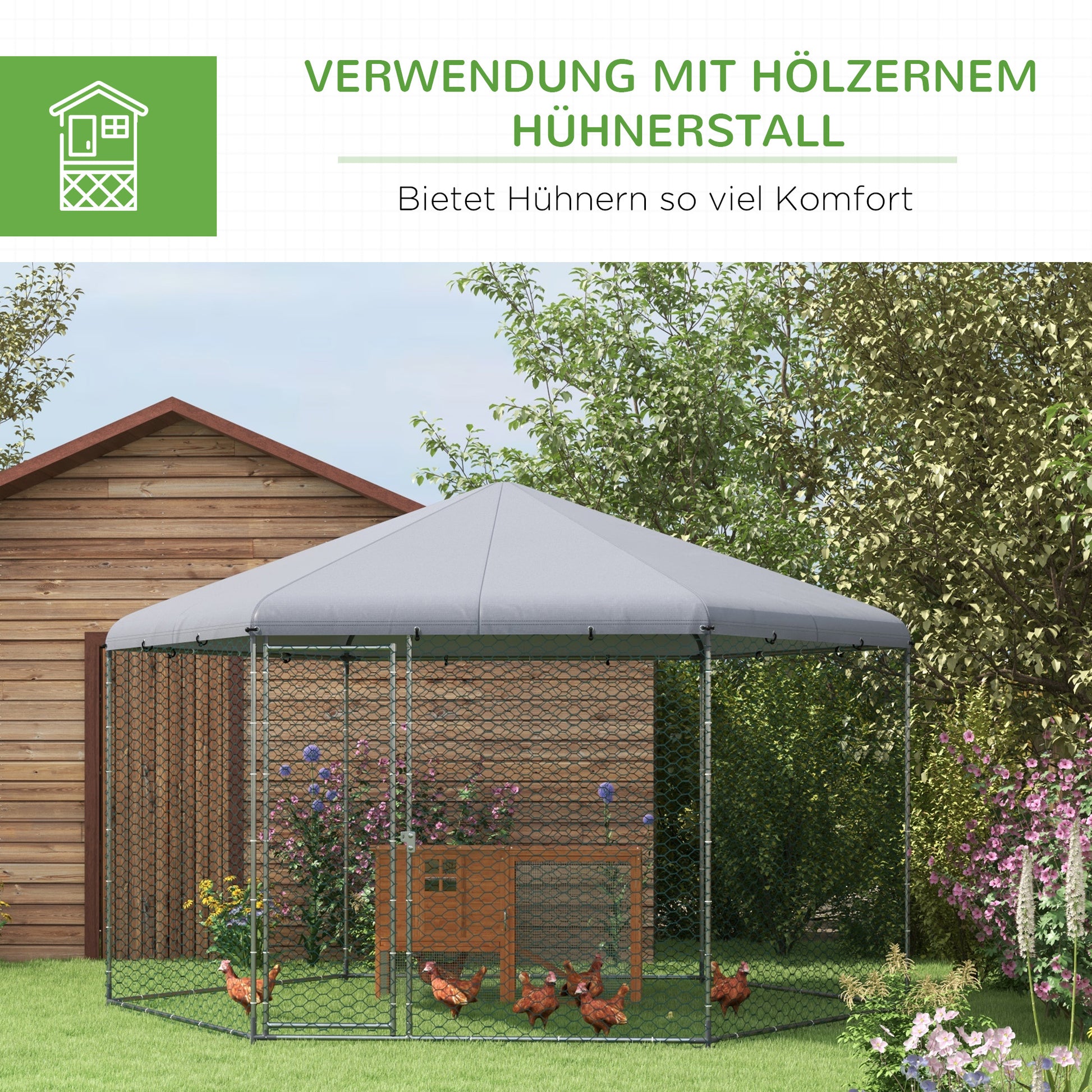 Free-Range Chicken Coop 400 x 346 x 263 cm made of Steel, Chicken Cage with Cover, Door, Chicken Enclosure for 10-15 Chickens, Small Animals & Plants Silver