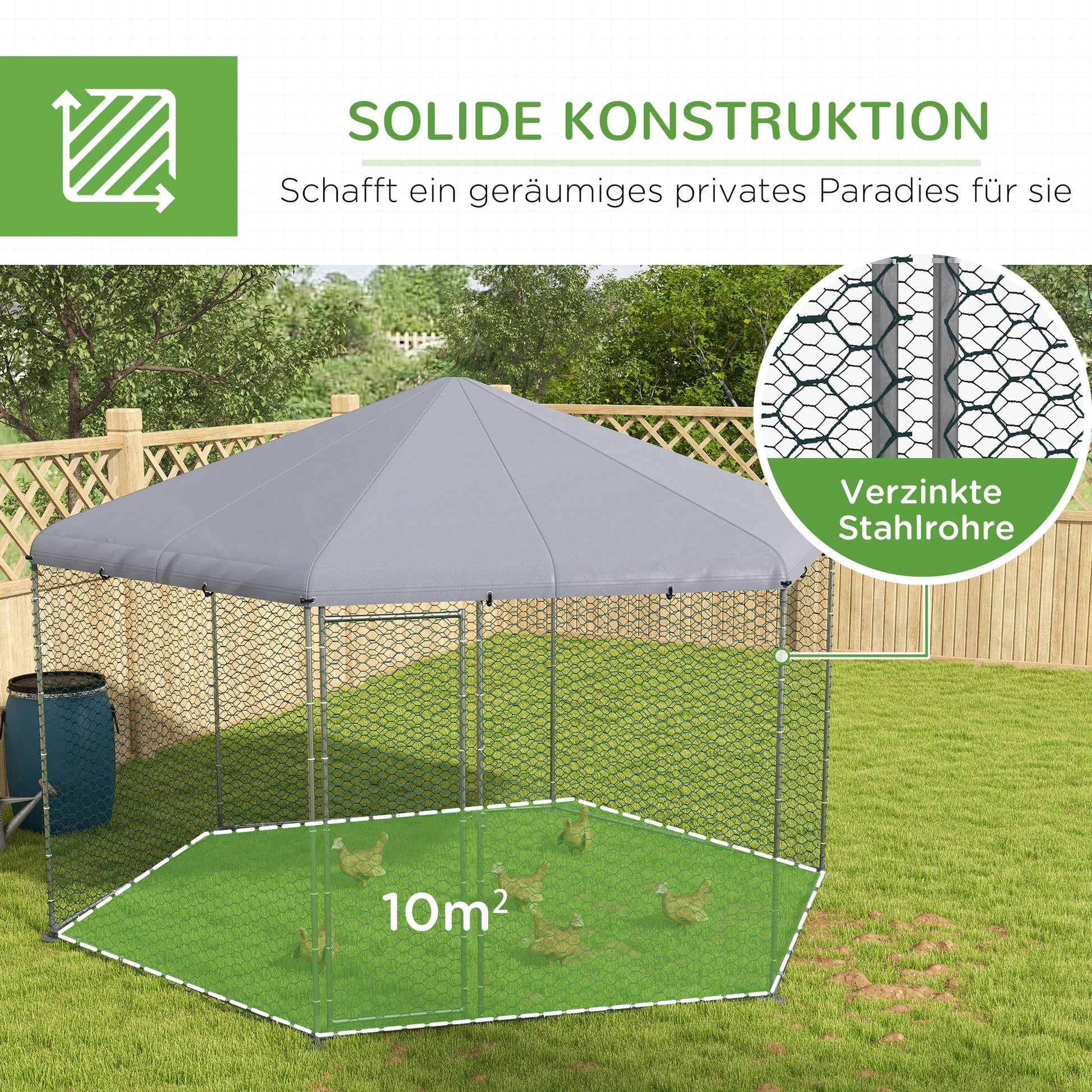Free-Range Chicken Coop 400 x 346 x 263 cm made of Steel, Chicken Cage with Cover, Door, Chicken Enclosure for 10-15 Chickens, Small Animals & Plants Silver