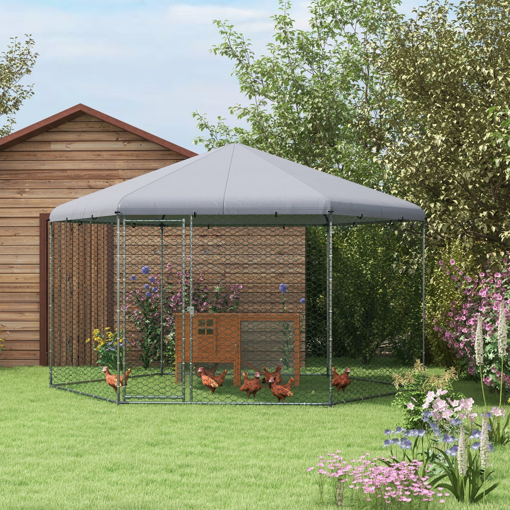 Free-Range Chicken Coop 400 x 346 x 263 cm made of Steel, Chicken Cage with Cover, Door, Chicken Enclosure for 10-15 Chickens, Small Animals & Plants Silver