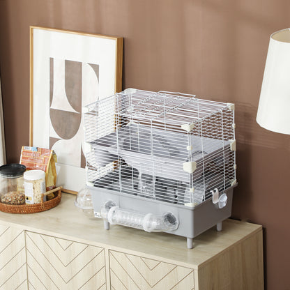 Two-Level Hamster Cage with 3 Doors Wheel, Litter Box, and Play Tubes, Steel, PS, and PP, 44.5x28x44 cm, Gray and White
