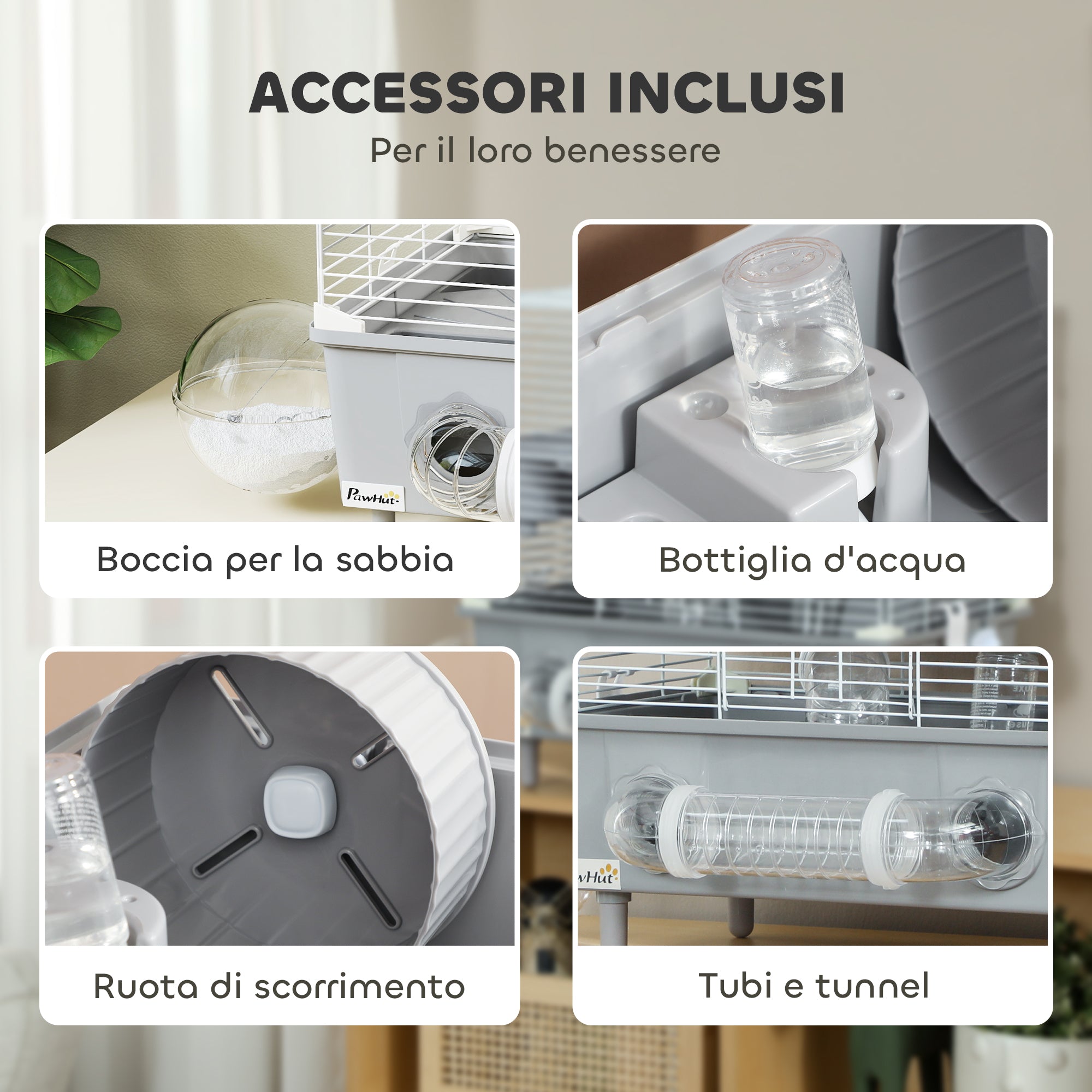Two-Level Hamster Cage with 3 Doors Wheel, Litter Box, and Play Tubes, Steel, PS, and PP, 44.5x28x44 cm, Gray and White