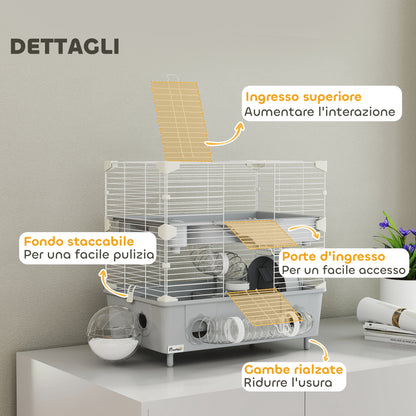 Two-Level Hamster Cage with 3 Doors Wheel, Litter Box, and Play Tubes, Steel, PS, and PP, 44.5x28x44 cm, Gray and White