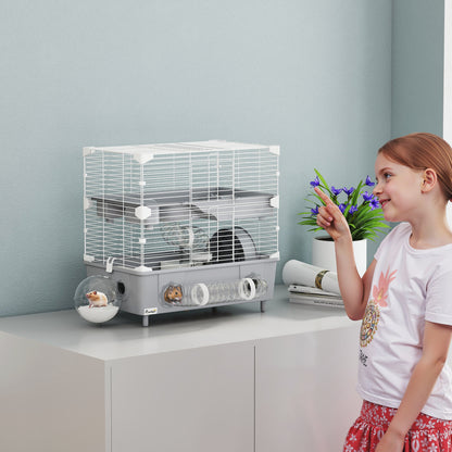 Two-Level Hamster Cage with 3 Doors Wheel, Litter Box, and Play Tubes, Steel, PS, and PP, 44.5x28x44 cm, Gray and White