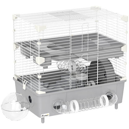 Two-Level Hamster Cage with 3 Doors Wheel, Litter Box, and Play Tubes, Steel, PS, and PP, 44.5x28x44 cm, Gray and White