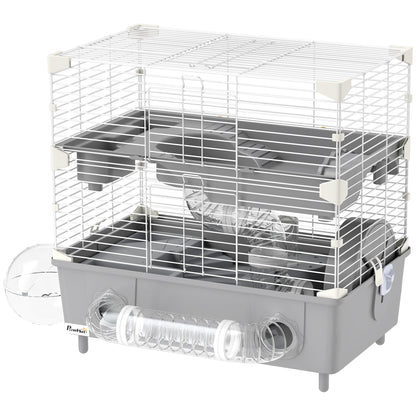 Two-Level Hamster Cage with 3 Doors Wheel, Litter Box, and Play Tubes, Steel, PS, and PP, 44.5x28x44 cm, Gray and White