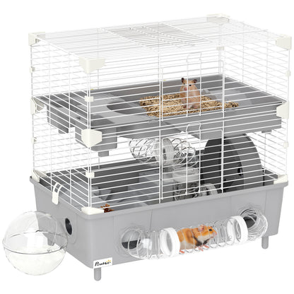 Two-Level Hamster Cage with 3 Doors Wheel, Litter Box, and Play Tubes, Steel, PS, and PP, 44.5x28x44 cm, Gray and White