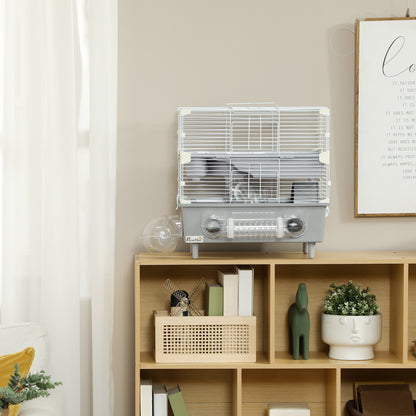 Two-Level Hamster Cage with 3 Doors Wheel, Litter Box, and Play Tubes, Steel, PS, and PP, 44.5x28x44 cm, Gray and White