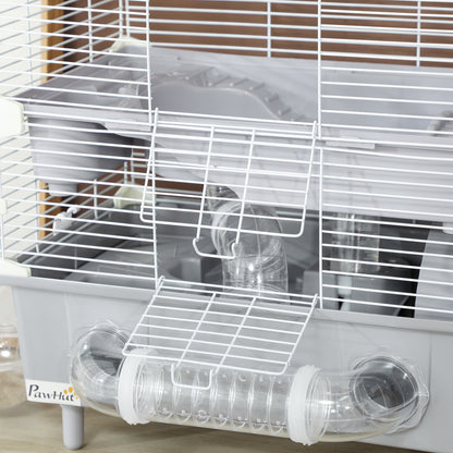 Two-Level Hamster Cage with 3 Doors Wheel, Litter Box, and Play Tubes, Steel, PS, and PP, 44.5x28x44 cm, Gray and White