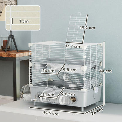 Two-Level Hamster Cage with 3 Doors Wheel, Litter Box, and Play Tubes, Steel, PS, and PP, 44.5x28x44 cm, Gray and White