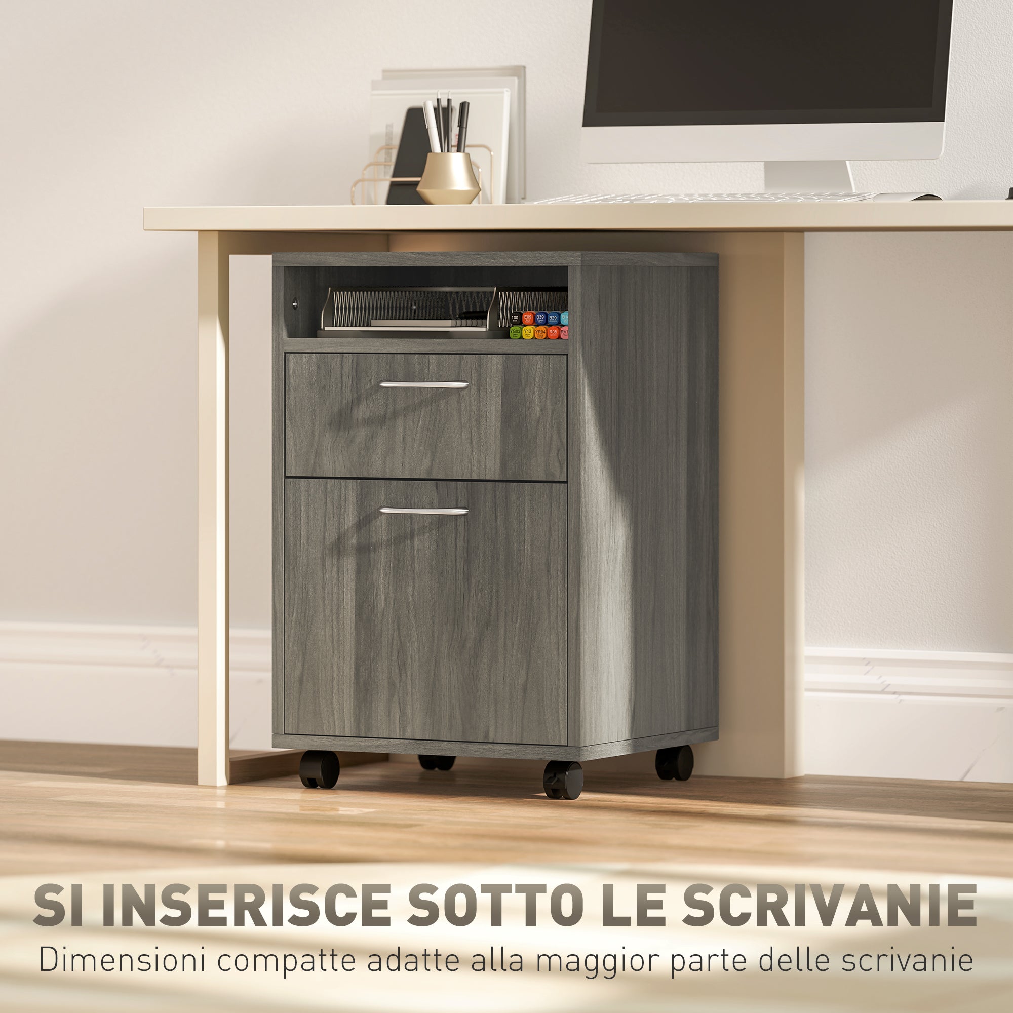 Office File Cabinet with Drawer, Cupboard, Locking Casters & Open Shelf — Fits Letter/Legal/A4, 15.7"x13.8"x23.6", Gray