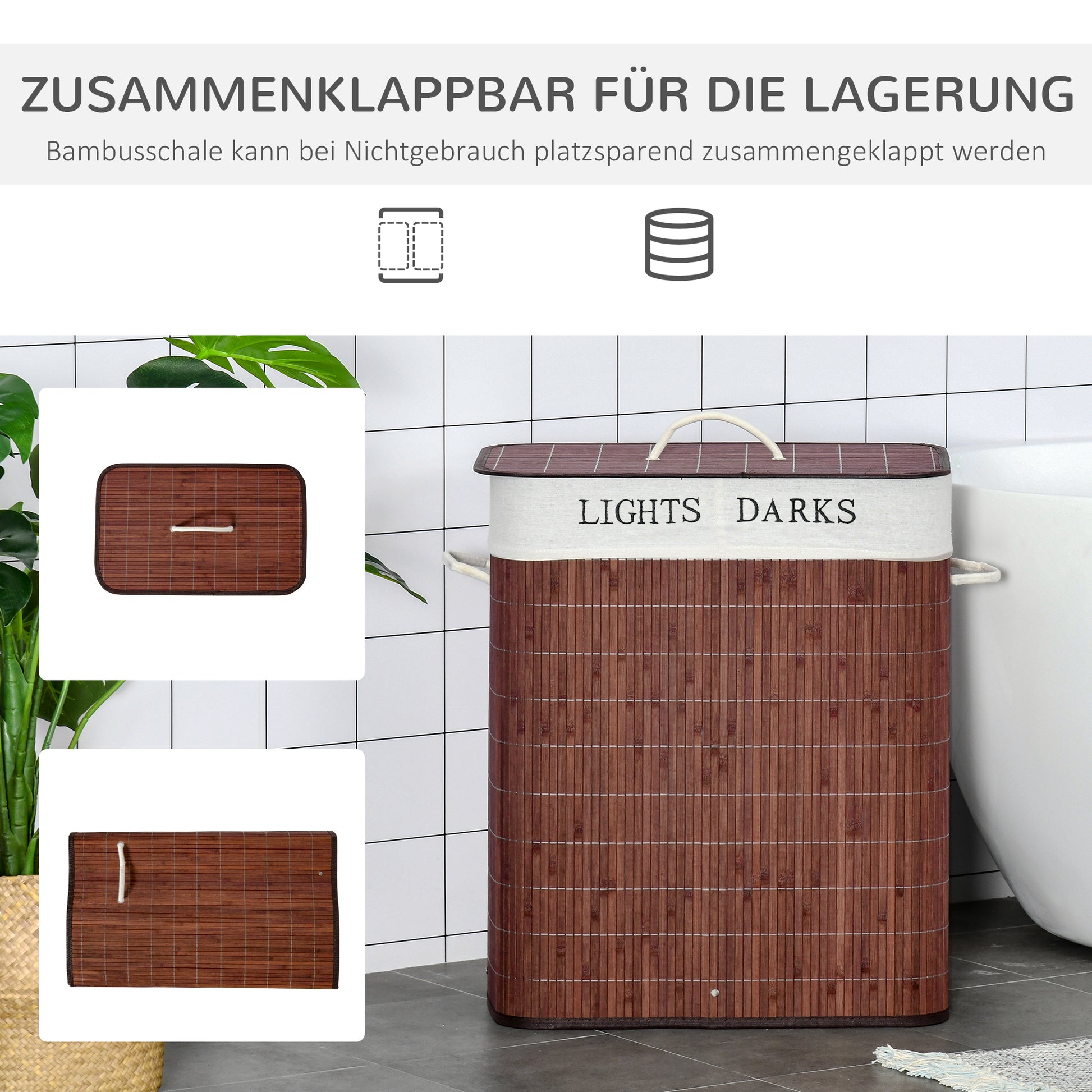 Bamboo Laundry Basket Slim with Lid 100L Laundry Collector with Handles, 2 Removable Laundry Bags, Laundry Baskets Laundry Box for Laundry Room, Bedroom, Bathroom Brown