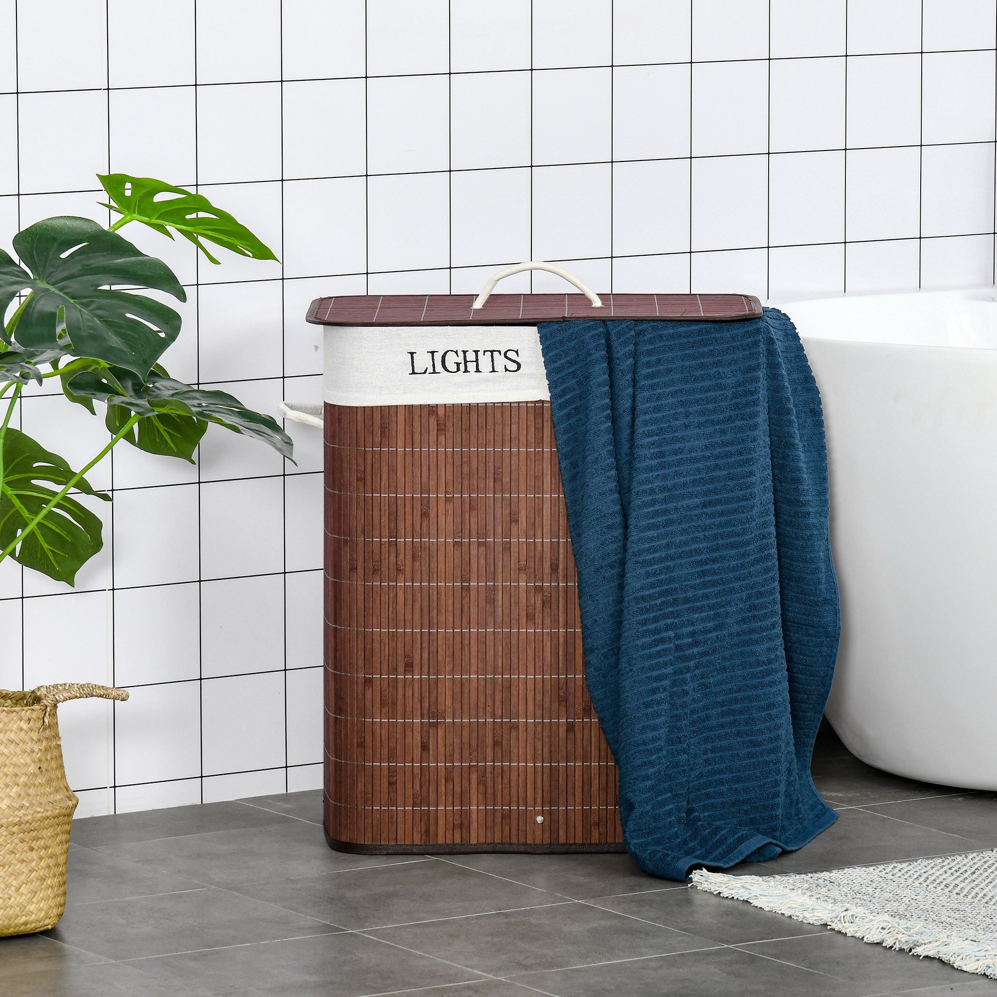 Bamboo Laundry Basket Slim with Lid 100L Laundry Collector with Handles, 2 Removable Laundry Bags, Laundry Baskets Laundry Box for Laundry Room, Bedroom, Bathroom Brown