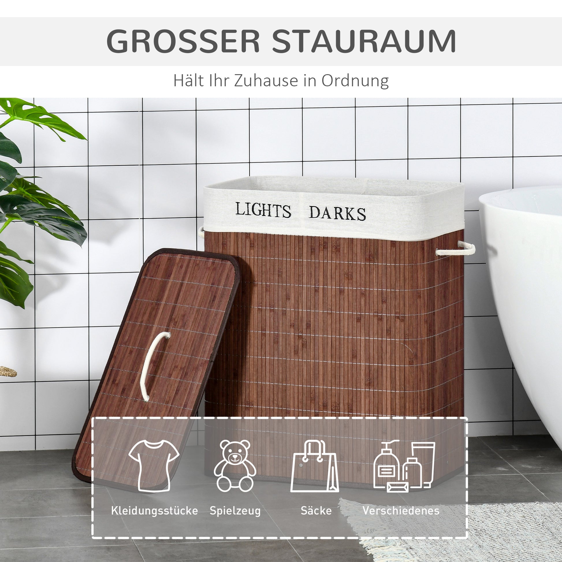 Bamboo Laundry Basket Slim with Lid 100L Laundry Collector with Handles, 2 Removable Laundry Bags, Laundry Baskets Laundry Box for Laundry Room, Bedroom, Bathroom Brown