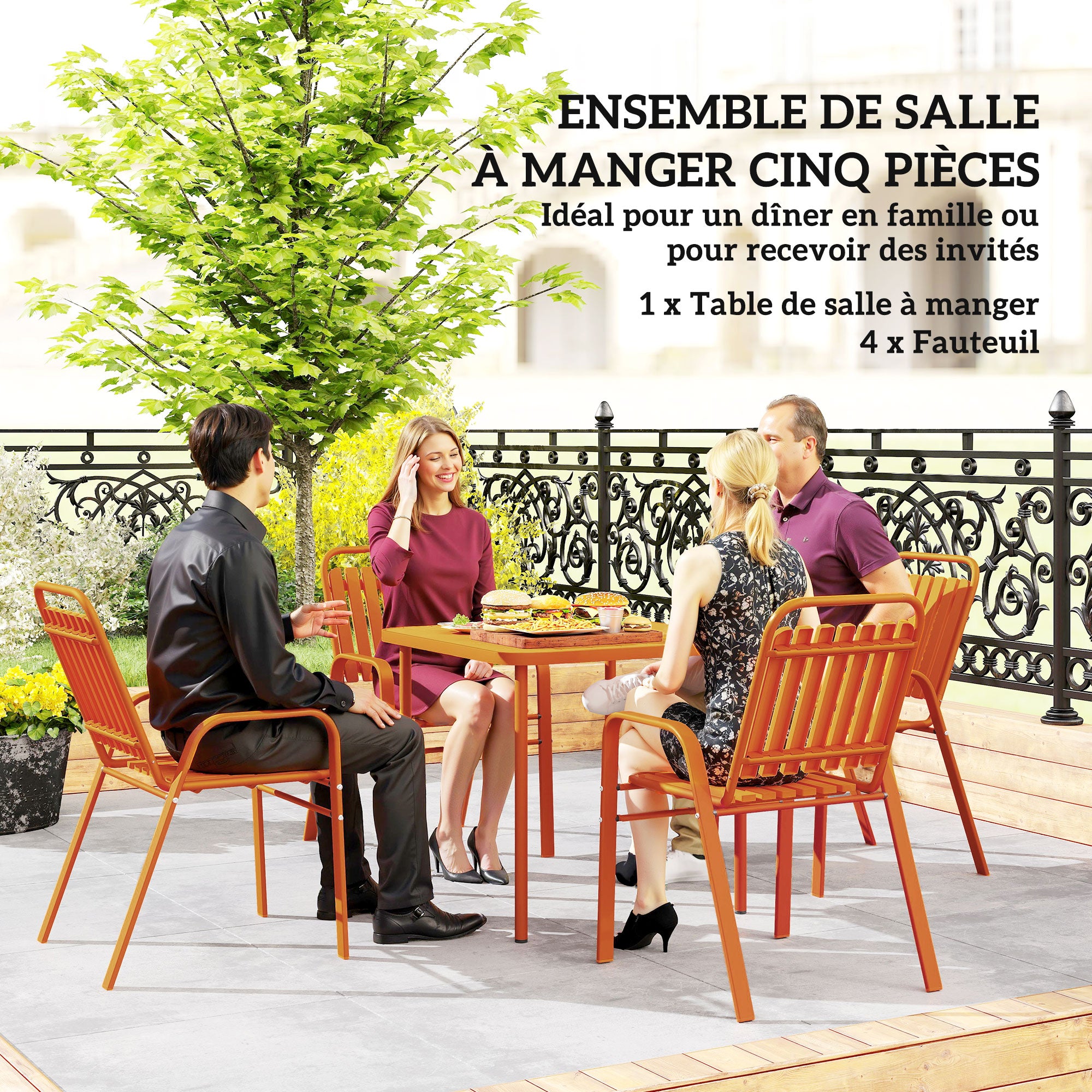5-Piece Outdoor Garden Set, Outdoor Table with 4 Stackable Chairs, 80 cm Slatted Top, Rust-Resistant Steel Frame, Garden Furniture, Terrace, Patio, Orange
