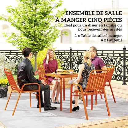 5-Piece Outdoor Garden Set, Outdoor Table with 4 Stackable Chairs, 80 cm Slatted Top, Rust-Resistant Steel Frame, Garden Furniture, Terrace, Patio, Orange