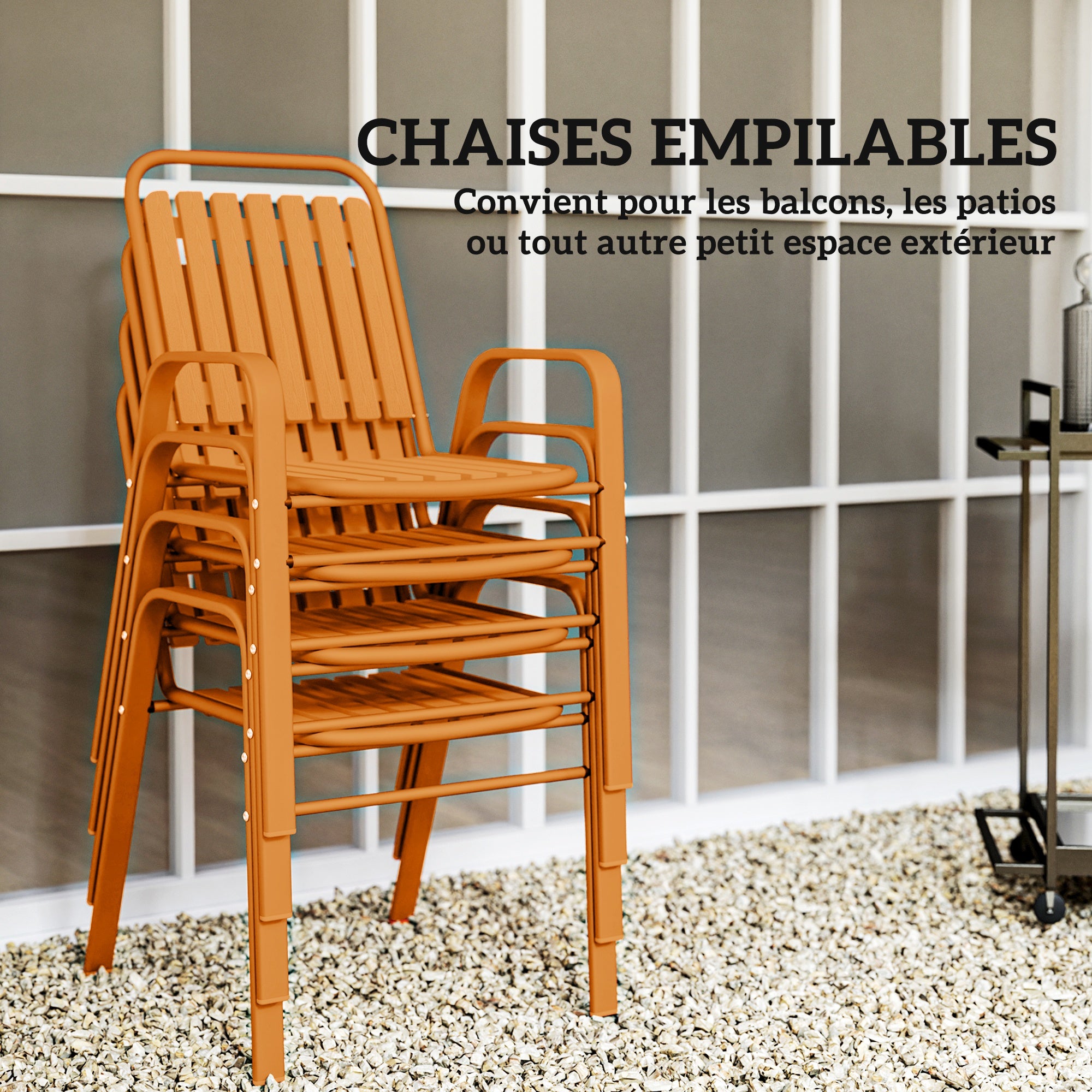 5-Piece Outdoor Garden Set, Outdoor Table with 4 Stackable Chairs, 80 cm Slatted Top, Rust-Resistant Steel Frame, Garden Furniture, Terrace, Patio, Orange