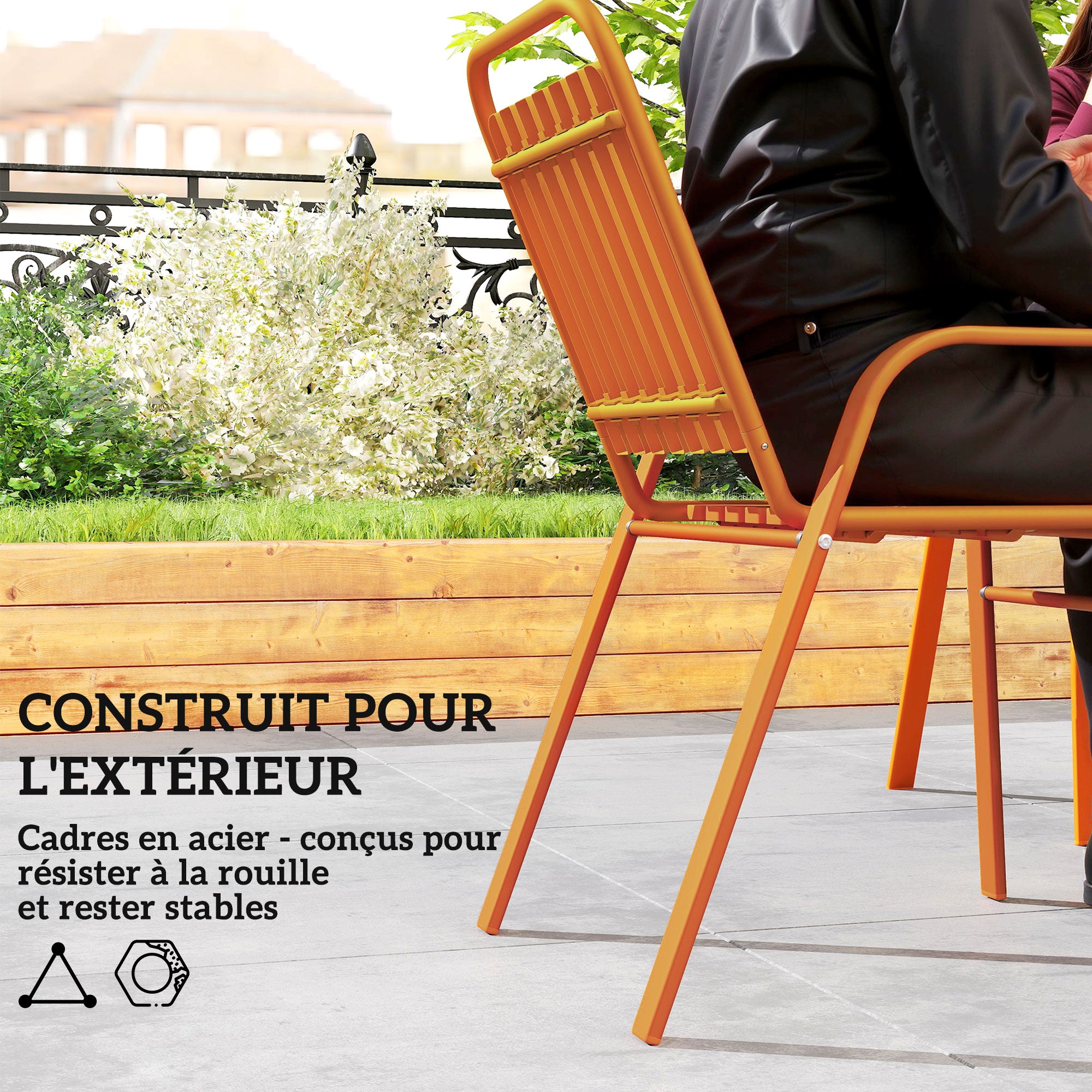 5-Piece Outdoor Garden Set, Outdoor Table with 4 Stackable Chairs, 80 cm Slatted Top, Rust-Resistant Steel Frame, Garden Furniture, Terrace, Patio, Orange