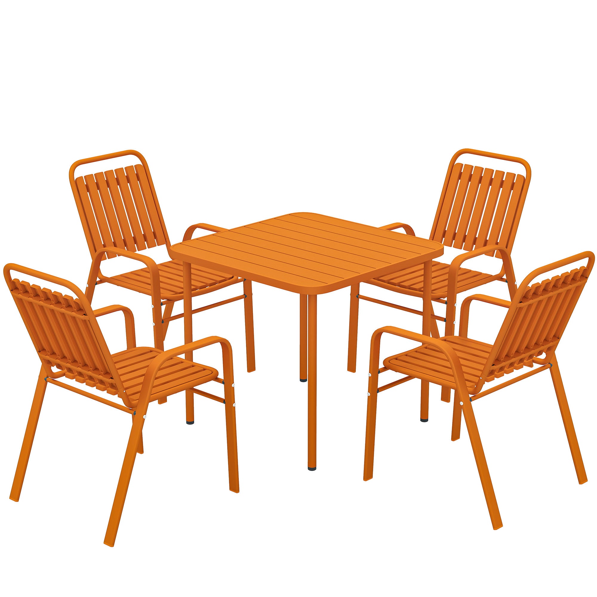 5-Piece Outdoor Garden Set, Outdoor Table with 4 Stackable Chairs, 80 cm Slatted Top, Rust-Resistant Steel Frame, Garden Furniture, Terrace, Patio, Orange
