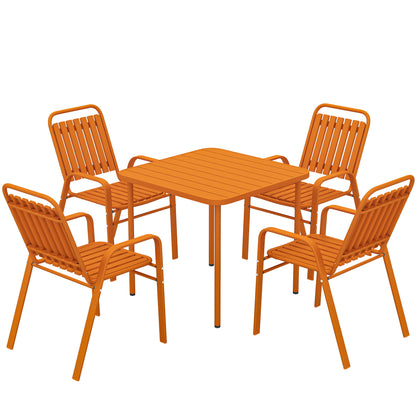 5-Piece Outdoor Garden Set, Outdoor Table with 4 Stackable Chairs, 80 cm Slatted Top, Rust-Resistant Steel Frame, Garden Furniture, Terrace, Patio, Orange