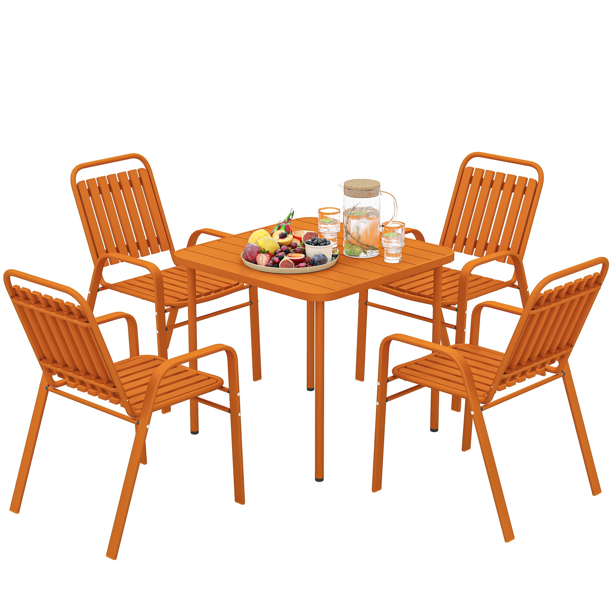 5-Piece Outdoor Garden Set, Outdoor Table with 4 Stackable Chairs, 80 cm Slatted Top, Rust-Resistant Steel Frame, Garden Furniture, Terrace, Patio, Orange