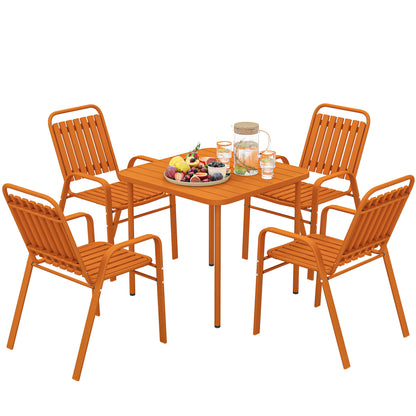 5-Piece Outdoor Garden Set, Outdoor Table with 4 Stackable Chairs, 80 cm Slatted Top, Rust-Resistant Steel Frame, Garden Furniture, Terrace, Patio, Orange