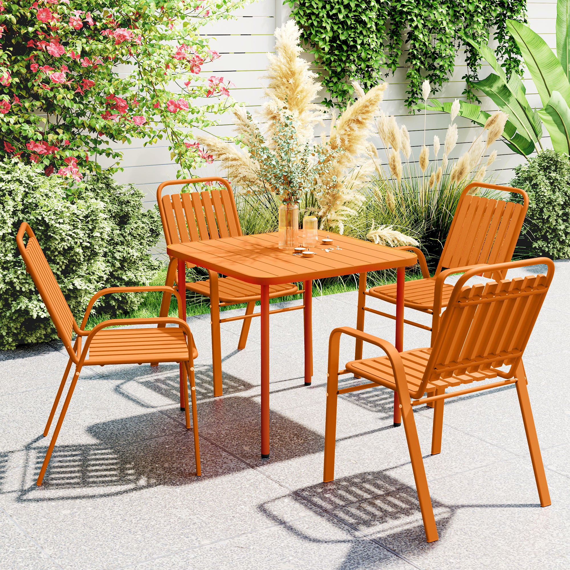 5-Piece Outdoor Garden Set, Outdoor Table with 4 Stackable Chairs, 80 cm Slatted Top, Rust-Resistant Steel Frame, Garden Furniture, Terrace, Patio, Orange