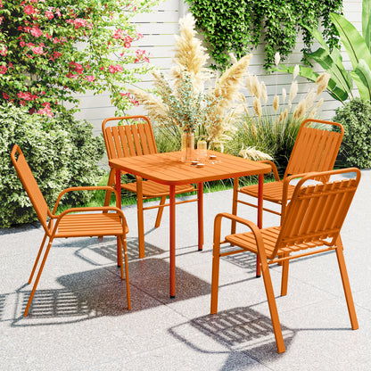 5-Piece Outdoor Garden Set, Outdoor Table with 4 Stackable Chairs, 80 cm Slatted Top, Rust-Resistant Steel Frame, Garden Furniture, Terrace, Patio, Orange