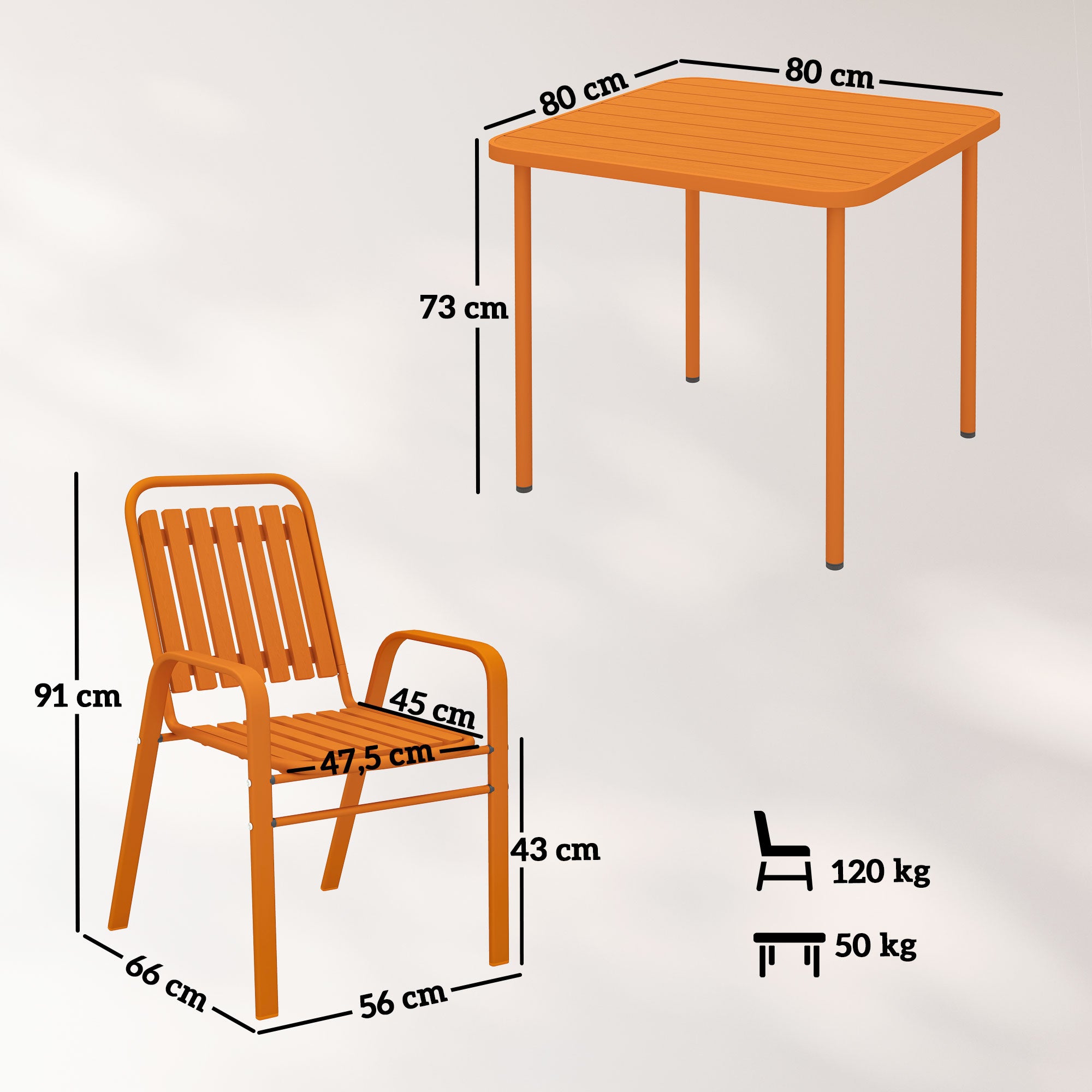 5-Piece Outdoor Garden Set, Outdoor Table with 4 Stackable Chairs, 80 cm Slatted Top, Rust-Resistant Steel Frame, Garden Furniture, Terrace, Patio, Orange