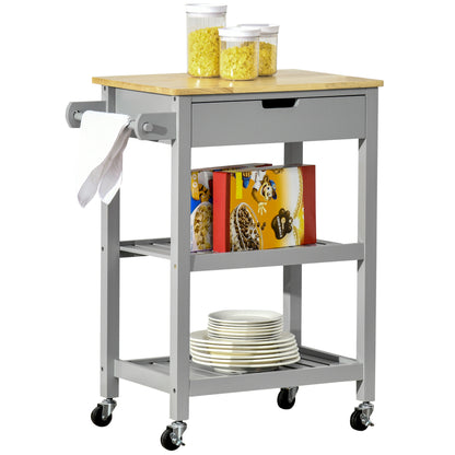Rolling Kitchen Cart with Hevea Wood Worktop - 2 Shelves, 1 Drawer, and 1 Towel Holder
